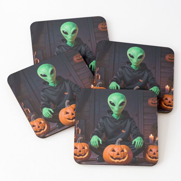 Item preview, Green Alien in Hoodie Sitting with Jack-O-Lanterns designed and sold by MFMart.