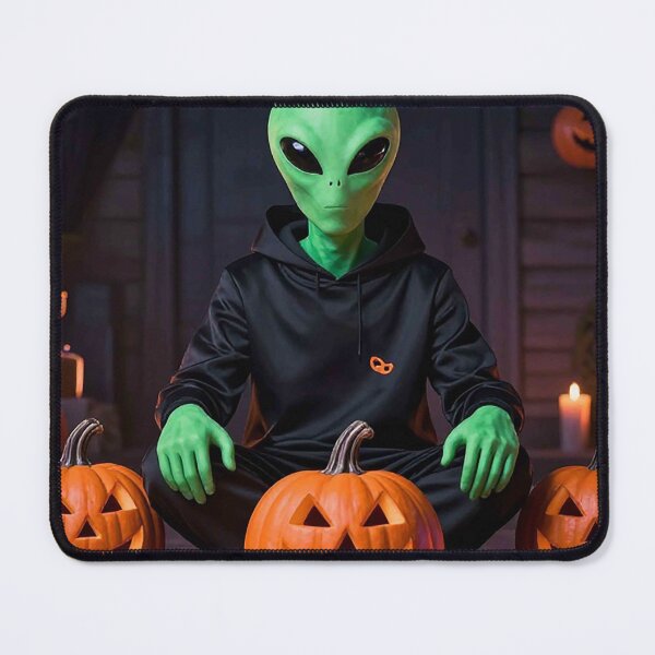 Item preview, Green Alien in Hoodie Sitting with Jack-O-Lanterns designed and sold by MFMart.