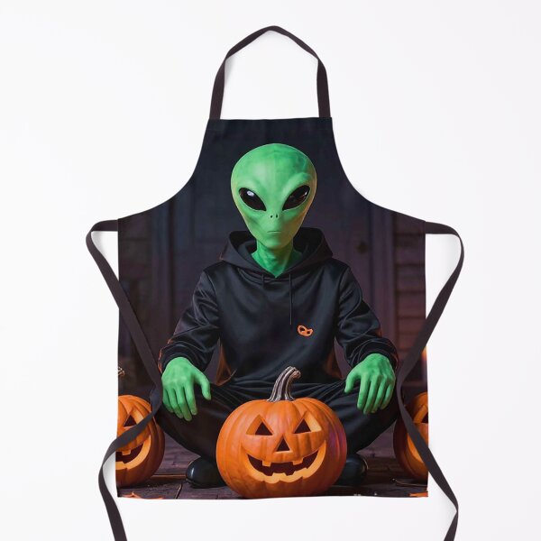 Artikelvorschau, Grüner Alien im Hoodie sitzt mit Kürbislaternen zusammen entworfen und verkauft von MFMart.