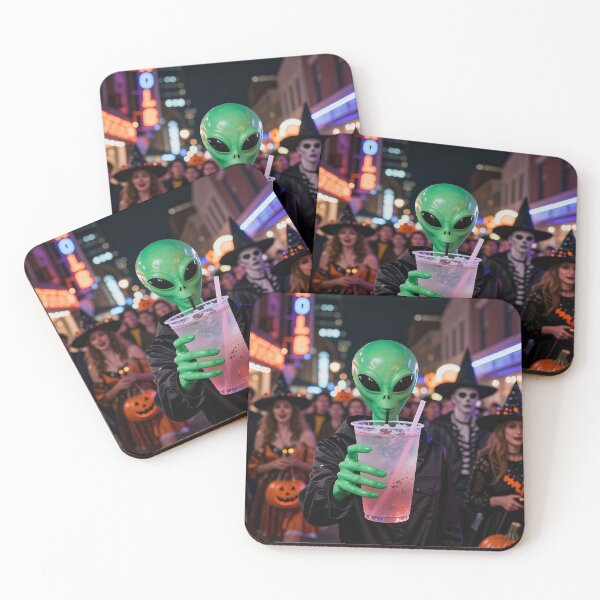 Item preview, Green Alien Holding Drink at Halloween Street Party designed and sold by MFMart.