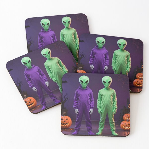 Item preview, Two Cool Green Aliens in Purple and Green Halloween Jumpsuits designed and sold by MFMart.