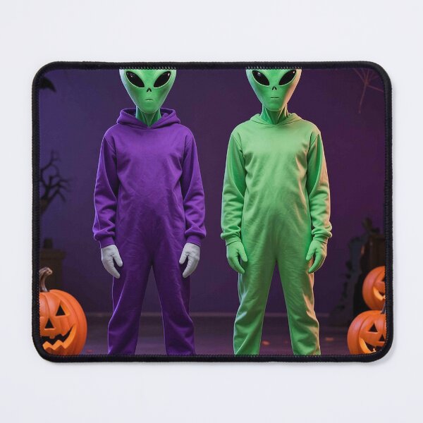 Item preview, Two Cool Green Aliens in Purple and Green Halloween Jumpsuits designed and sold by MFMart.