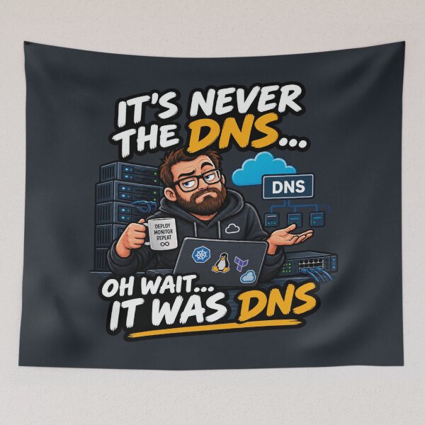 Artikelvorschau, Es liegt nie am DNS. Oh, warte, es war doch das DNS! Lustiger Systemadministrator entworfen und verkauft von CrazySzoopWorld.