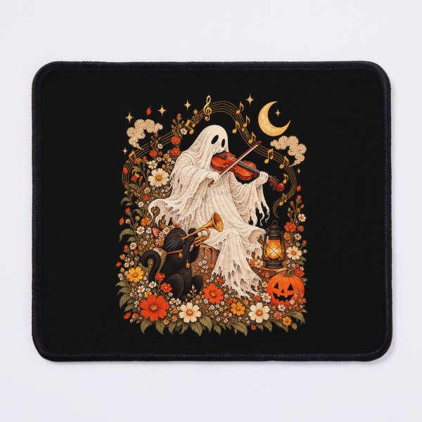 Item preview, Vintage Ghost Playing Violin Black Cat Trumpet Cottagecore Halloween Autumn Floral designed and sold by Ortigzitoun.