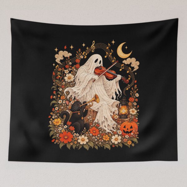 Item preview, Vintage Ghost Playing Violin Black Cat Trumpet Cottagecore Halloween Autumn Floral designed and sold by Ortigzitoun.