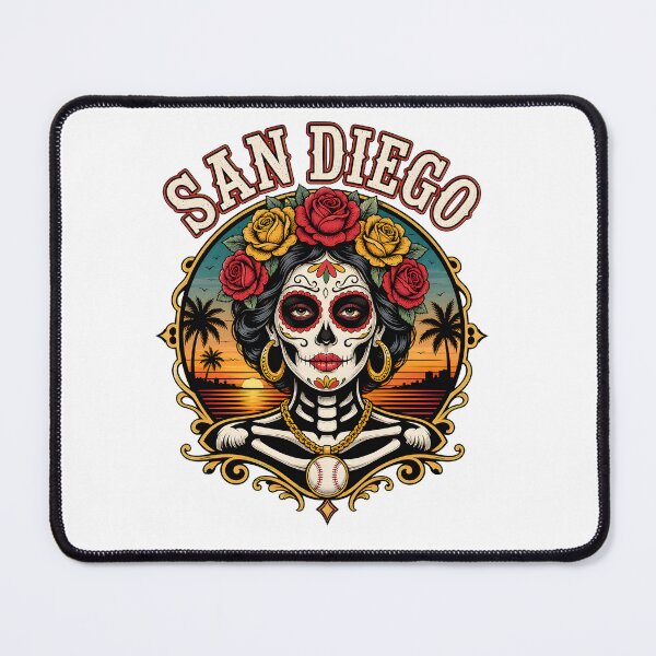 Aperçu de l'œuvre Coucher de soleil sur le thème du crâne de sucre à San Diego, Jour des Morts et baseball créée et vendue par Maladies.