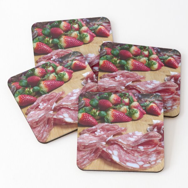 Item preview, Salami, ham and fresh strawberries on a cutting board, close up. Appetizer, Italian cuisine. designed and sold by ollgast5.