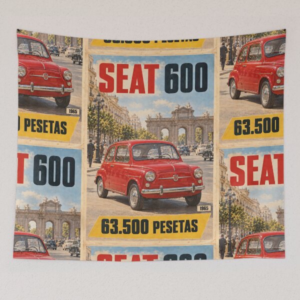 Artikelvorschau, SEAT 600 von 1965 in Madrid – Vintage-Poster entworfen und verkauft von The Drawing Office.