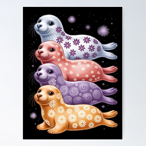 Item preview, Cute Stacked Seals – Kawaii Floral Ocean Animals Art designed and sold by jkrphoto.
