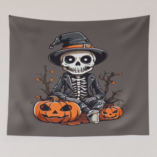 Aperçu de l'œuvre Cute Halloween Skeleton Witch with Pumpkins – Spooky Gothic Art créée et vendue par RAYBIL.