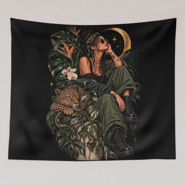 Item preview, Boho Jungle Queen with Leopard and Crescent Moon designed and sold by CrazySzoopWorld.