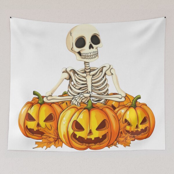 Aperçu de l'œuvre Cute Halloween Skeleton with Pumpkins – Spooky Jack O Lantern Illustration créée et vendue par RAYBIL.