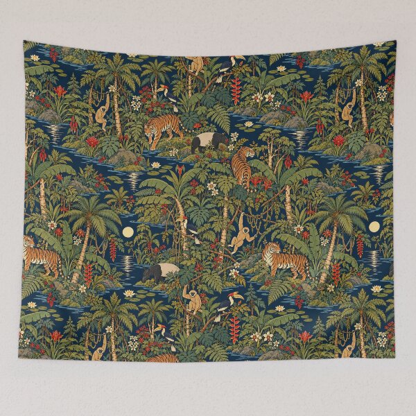 Item preview, Moonlit Tropical Jungle Animals – Tiger Rainforest Tapestry Pattern designed and sold by Bodique.