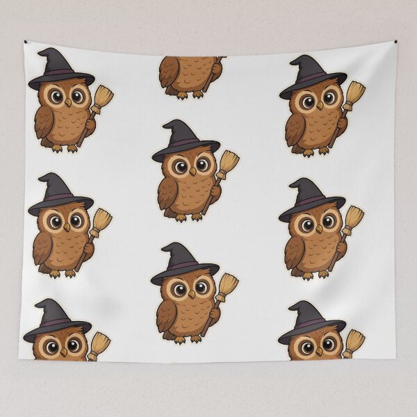 Item preview, Cute Owl Wearing Witch Hat and Holding Broom – Magical Halloween Bird Character designed and sold by Confuzz1ed.