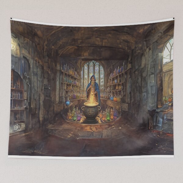 Aperçu de l'œuvre Sorcière et chaudron incandescent dans la chambre de pierre créée et vendue par radhakidesign.