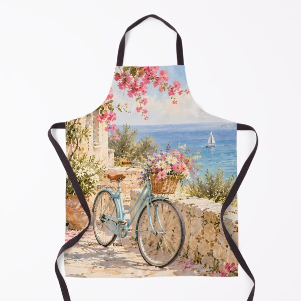Item preview, Coastal Mediterranean Terrace Oil Painting Blue Sea Bicycle designed and sold by Jozefin's Studio.