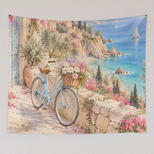 Item preview, Coastal Mediterranean Bougainvillea Bicycle Watercolour Painting designed and sold by Jozefin's Studio.