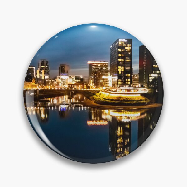 Item preview, Düsseldorf Media Harbour at night with illuminated modern architecture and reflection of the city lights designed and sold by Your Happy Life.