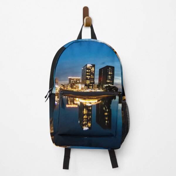 Item preview, Düsseldorf Media Harbour at night with illuminated modern architecture and reflection of the city lights designed and sold by Your Happy Life.