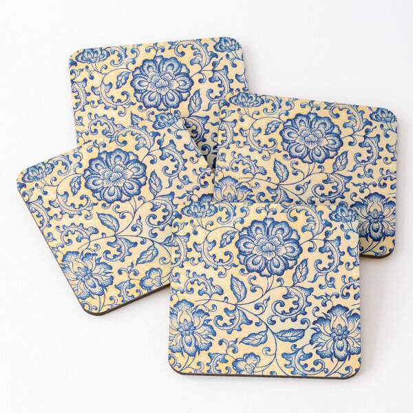 Item preview, Cobalt Blue Peony Porcelain Pattern on Yellow designed and sold by Fani*.