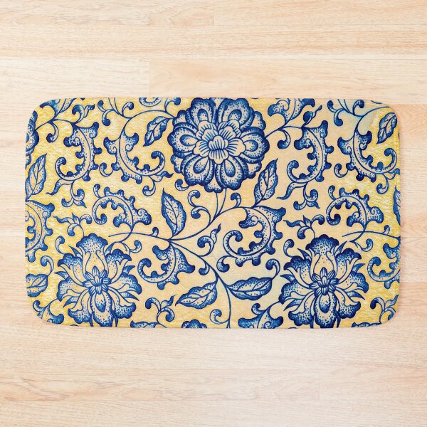 Item preview, Cobalt Blue Peony Porcelain Pattern on Yellow designed and sold by Fani*.