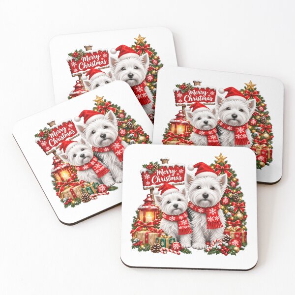 Item preview, White Christmas terriers with red hats designed and sold by Sofia Rose Design ⭐️⭐️⭐️⭐️⭐️.