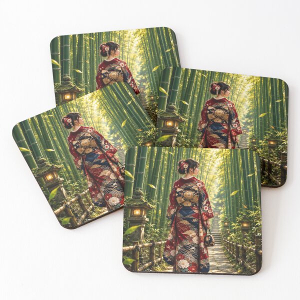 Item preview, Japanese Woman in Kimono Walking Through Serene Bamboo Forest Path designed and sold by vekotpu.