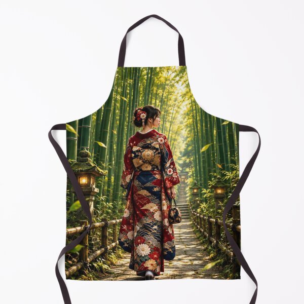 Item preview, Japanese Woman in Kimono Walking Through Serene Bamboo Forest Path designed and sold by vekotpu.