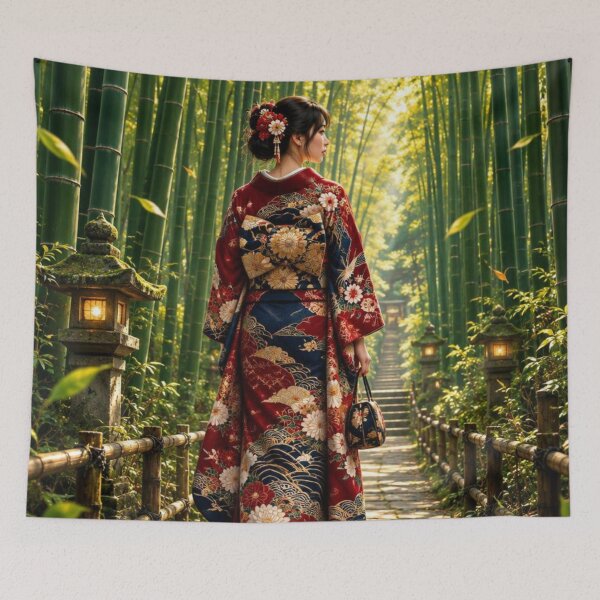Item preview, Japanese Woman in Kimono Walking Through Serene Bamboo Forest Path designed and sold by vekotpu.