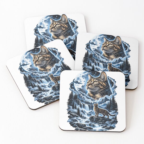 Item preview, Tabby Cat Mountain Waterfall Moonlit Night Scene designed and sold by bootycatclube.