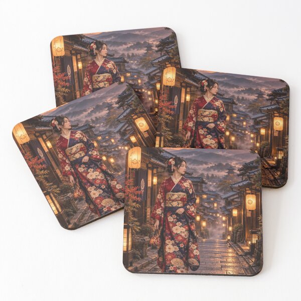 Item preview, Japanese Woman in Kimono Standing in Historic Town at Sunset designed and sold by vekotpu.