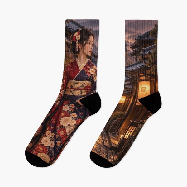 Aperçu de l'œuvre Femme japonaise en kimono debout dans une ville historique au coucher du soleil créée et vendue par vekotpu.