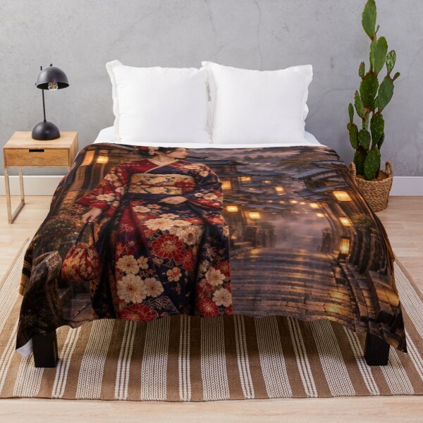 Item preview, Mujer japonesa con kimono de pie en un pueblo histórico al atardecer. designed and sold by vekotpu.