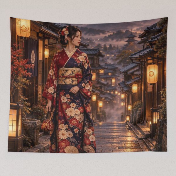Item preview, Japanese Woman in Kimono Standing in Historic Town at Sunset designed and sold by vekotpu.