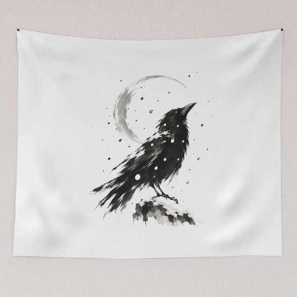 Item preview, Korean Crow in Snow – Traditional Ink Wash Painting with Moon designed and sold by Windy-market.