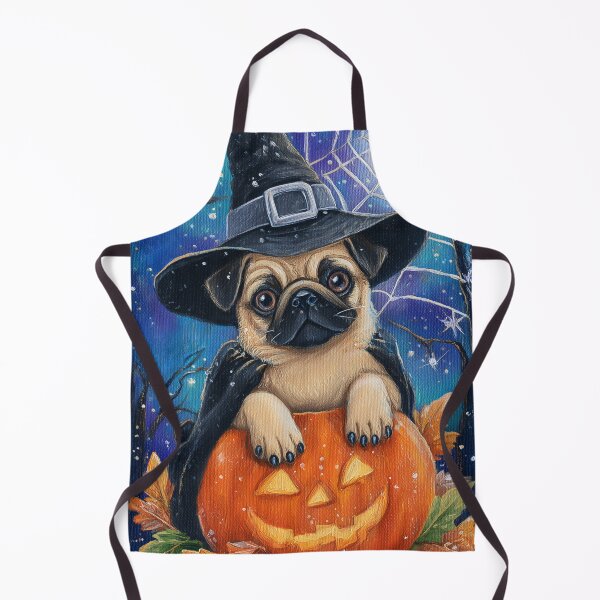 Artikelvorschau, Halloween-Mopswelpe mit Kürbis – Goldbeige Hexenhut-Hundekunst entworfen und verkauft von elisarasada.