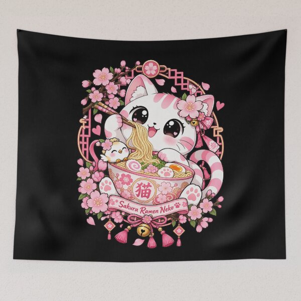 Item preview, Sakura Ramen Neko Pink Cat Cherry Blossom Bowl designed and sold by bootycatclube.