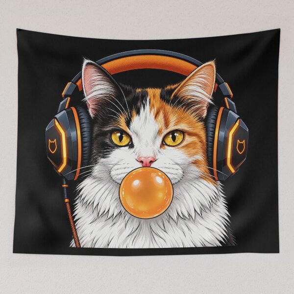 Item preview, Tricolor Gamer Cat with Orange Bubble Gum and Gaming Headphones - cat lovers designed and sold by Kittcatking.
