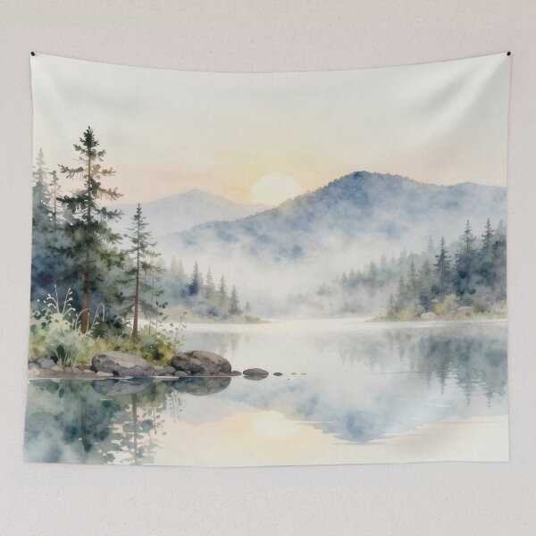 Item preview, Misty Mountain Lake at Sunrise – Serene Forest Landscape designed and sold by ZYVARENNE.
