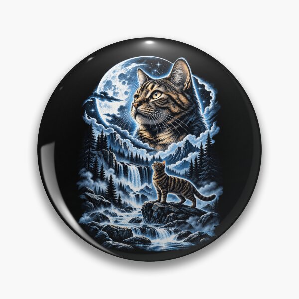 Artikelvorschau, Bergwasserfall mit getigerter Katze, mondbeschienene Nachtszene entworfen und verkauft von bootycatclube.