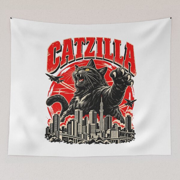 Aperçu de l'œuvre Catzilla Chat Noir Monstre Ville Destruction Rouge créée et vendue par bootycatclube.