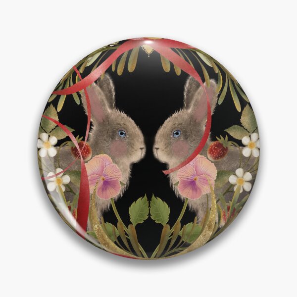 Item preview, Symmetrical rabbits with strawberries, flowers, and red ribbon designed and sold by Grin Katalina Floral Patterns & Cozy Art.