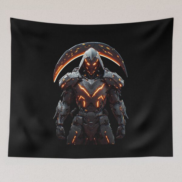 Item preview, Cyberpunk Mecha Grim Reaper with Fiery Neon Orange Scythe designed and sold by Cyber Gold Studio.