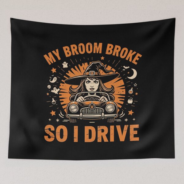 Aperçu de l'œuvre My Broom Broke So I Drive - Witch Driving Vintage Car créée et vendue par Lucid Dream Pixel.