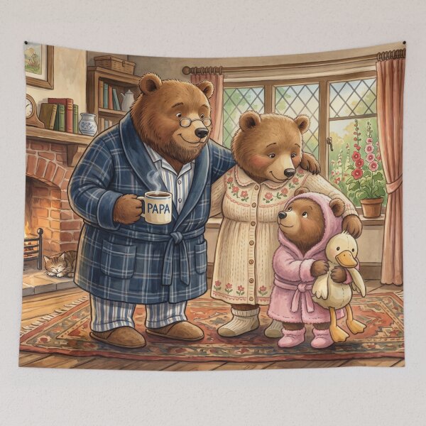 Item preview, Cosy Bear Family Morning Kitchen Hearth Girl Cub Illustration designed and sold by Englandbear.