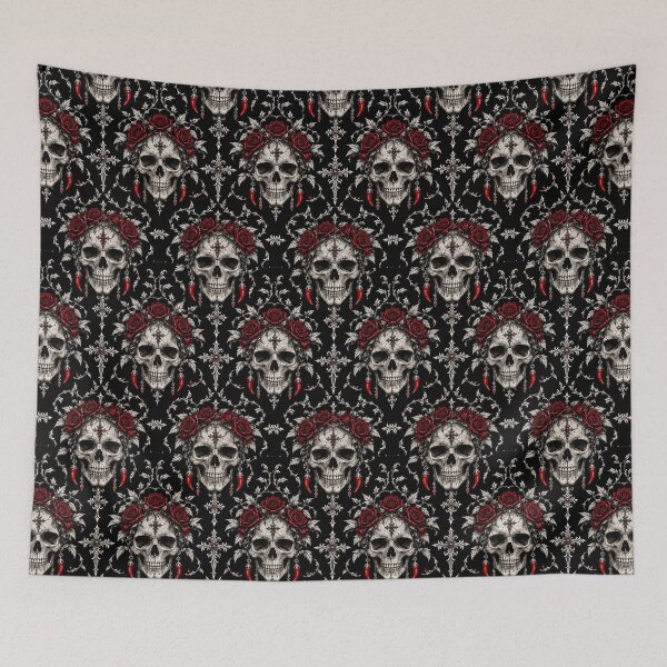 Item preview, Gothic Rose Skull & Ornate Silver Cross Dark Damask designed and sold by cabuks.