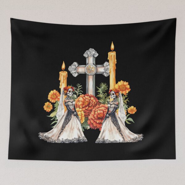 Item preview, Catrina Brides Day of the Dead Altar – Sugar Skull Wedding with Marigolds, Candles & Cross designed and sold by EwaMariaShop.