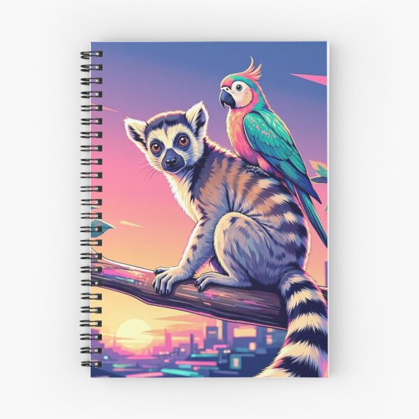 Artikelvorschau, Tropischer Lemur und Papagei – Lebendige Sonnenuntergangs-Tierillustration entworfen und verkauft von Dogandesighn.