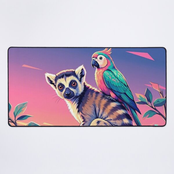 Artikelvorschau, Tropischer Lemur und Papagei – Lebendige Sonnenuntergangs-Tierillustration entworfen und verkauft von Dogandesighn.