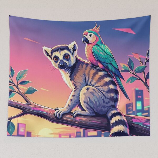 Item preview, Tropical Lemur and Parrot – Vibrant Sunset Wildlife Illustration designed and sold by Dogandesighn.
